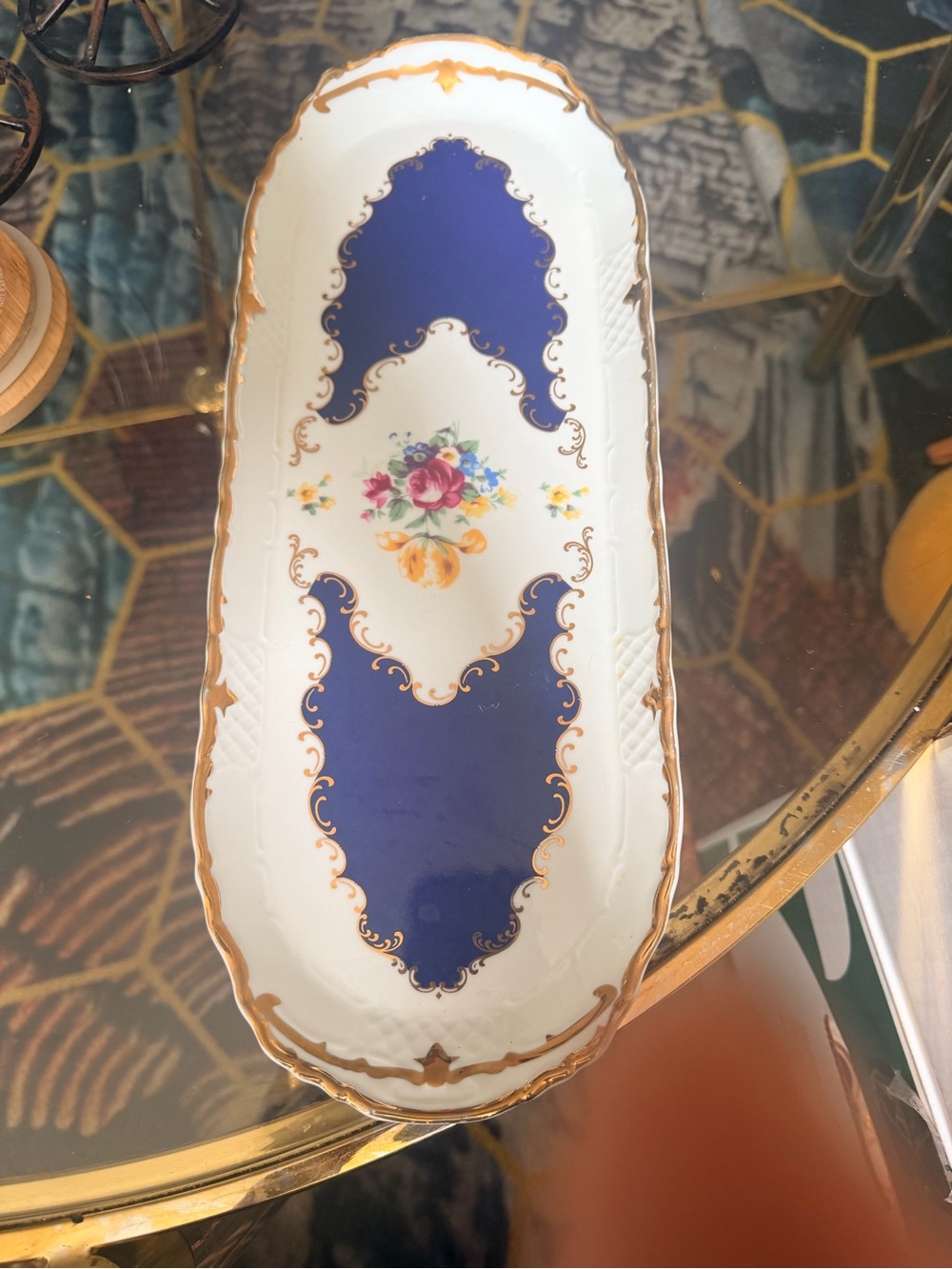 Diamond Collection Fine China Blue Gold Floral Oval Serving Platter